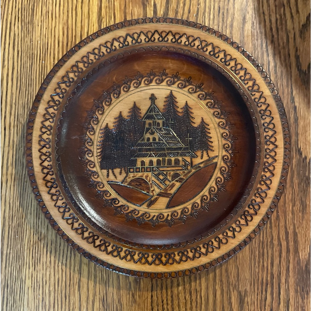 Vintage Hand Carved Church Scene Ornate Wooden Plate, Decorative, Home